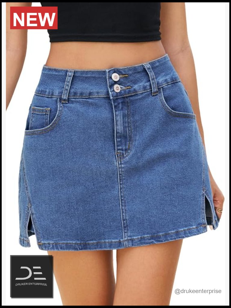 High Waisted Stretchy Denim Skort With Pockets